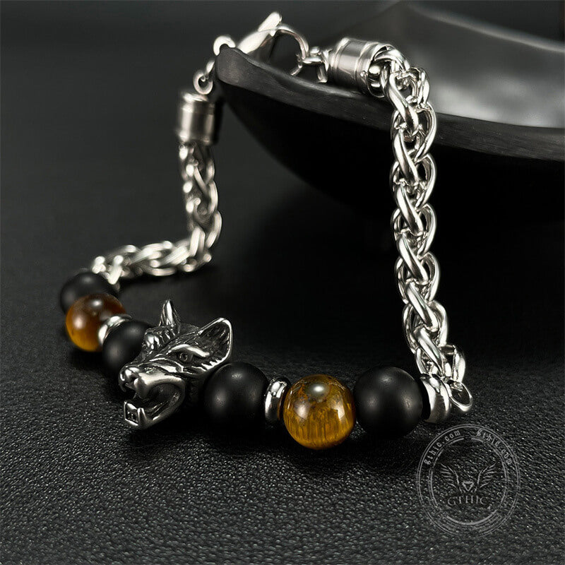 Vintage Wolf Head Tiger’s Eye Stainless Steel Bracelet