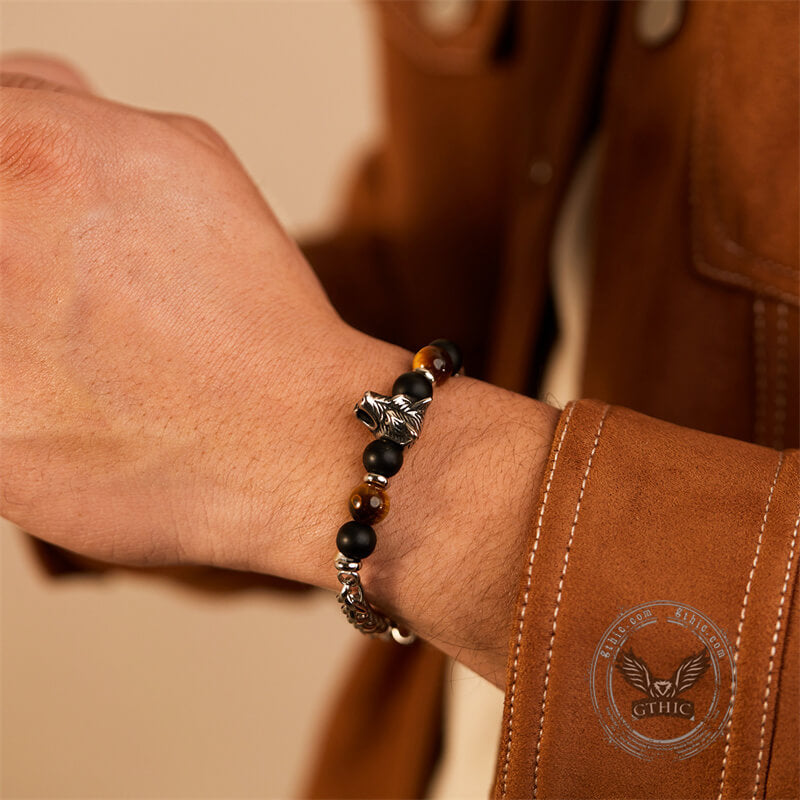 Vintage Wolf Head Tiger’s Eye Stainless Steel Bracelet | Gthic.com