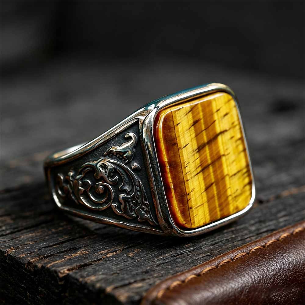 Vintage Wood Grain Gemstone Stainless Steel Ring | Gthic.com