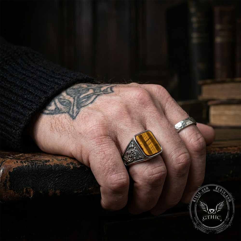 Vintage Wood Grain Gemstone Stainless Steel Ring | Gthic.com
