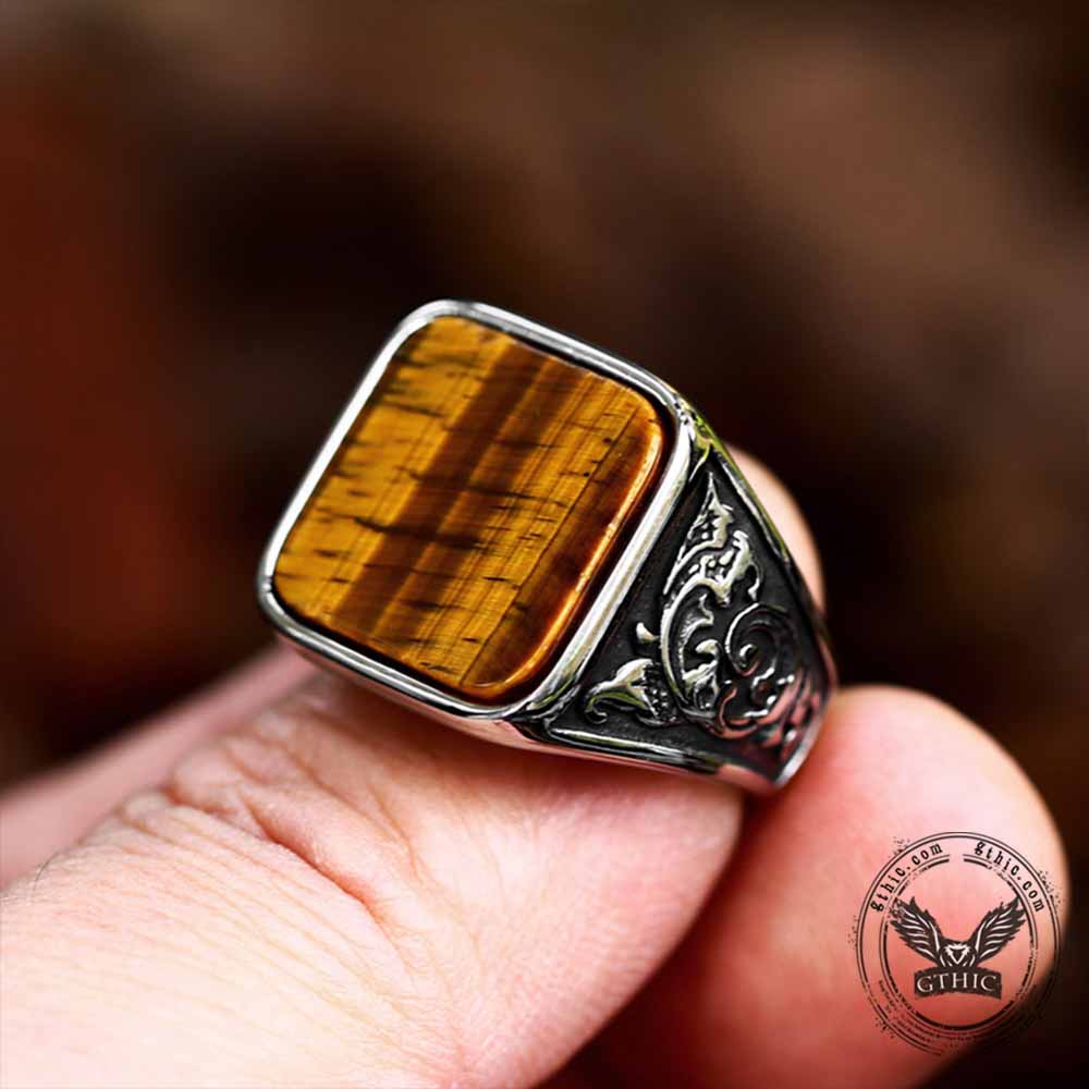 Vintage Wood Grain Gemstone Stainless Steel Ring | Gthic.com