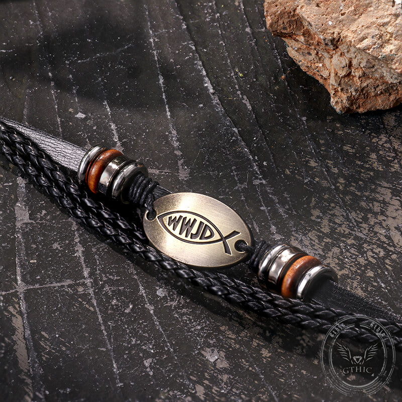 Vintage WWJD Letter Pattern Leather Snap-On Bracelet