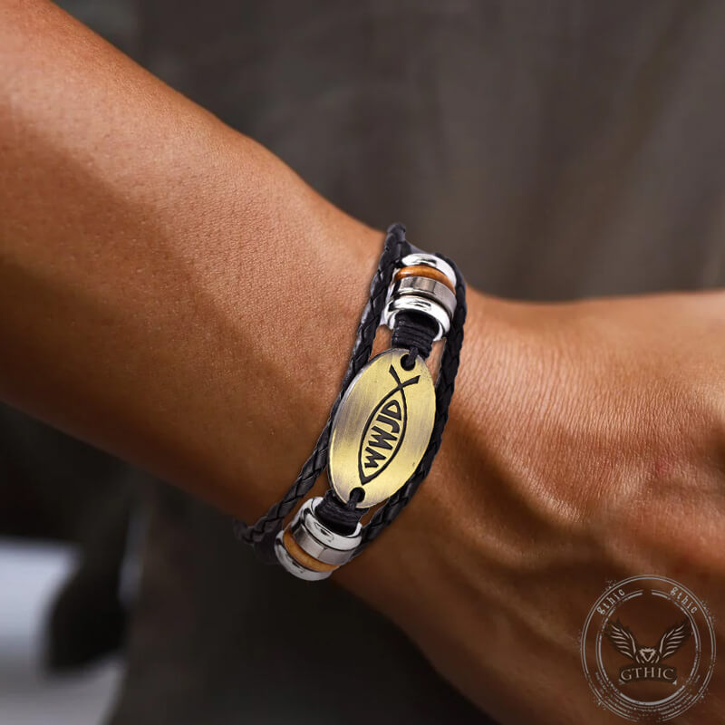 Vintage WWJD Letter Pattern Leather Snap-On Bracelet | Gthic.com