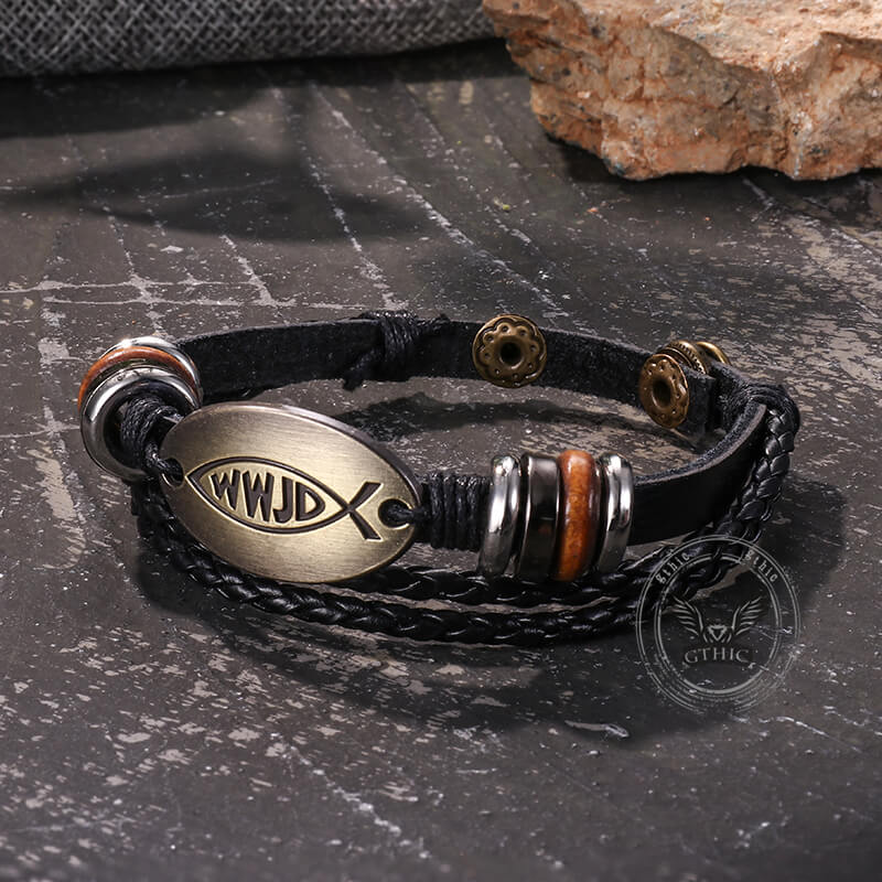 Vintage WWJD Letter Pattern Leather Snap-On Bracelet