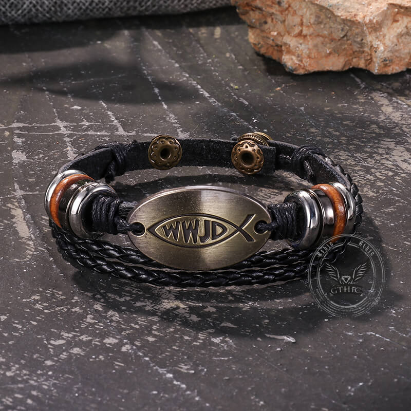 Vintage WWJD Letter Pattern Leather Snap-On Bracelet | Gthic.com