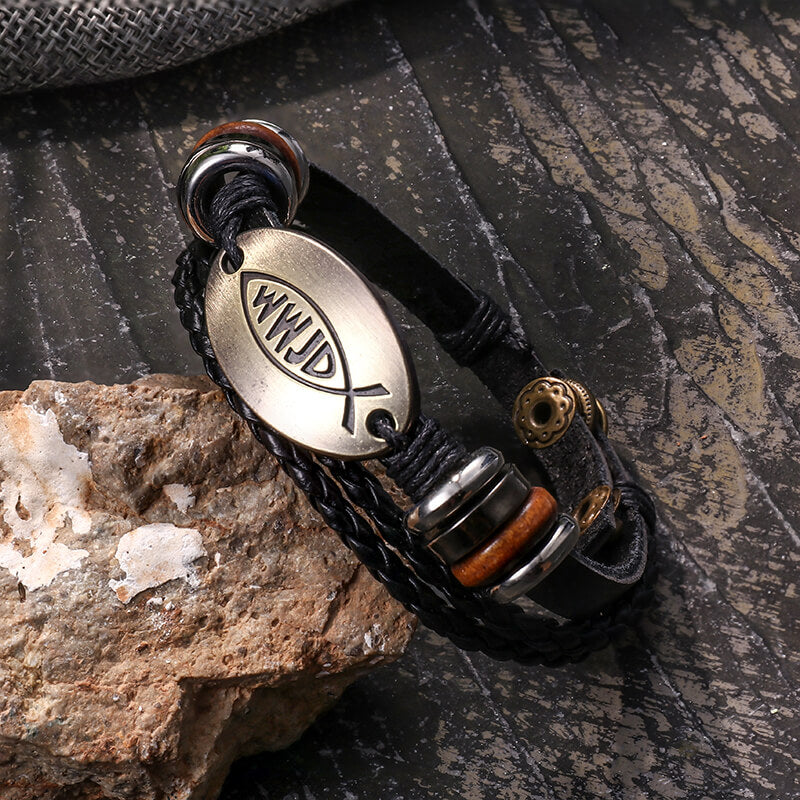 Vintage WWJD Letter Pattern Leather Snap-On Bracelet | Gthic.com