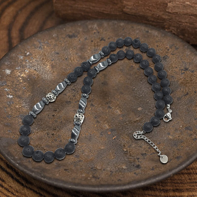 Volcanic Rock Stainless Steel Bead Necklace | Gthic.com