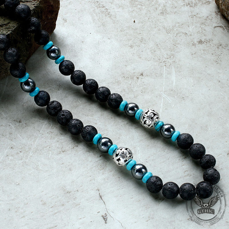 Volcanic Rock Stainless Steel Bead Necklace | Gthic.com