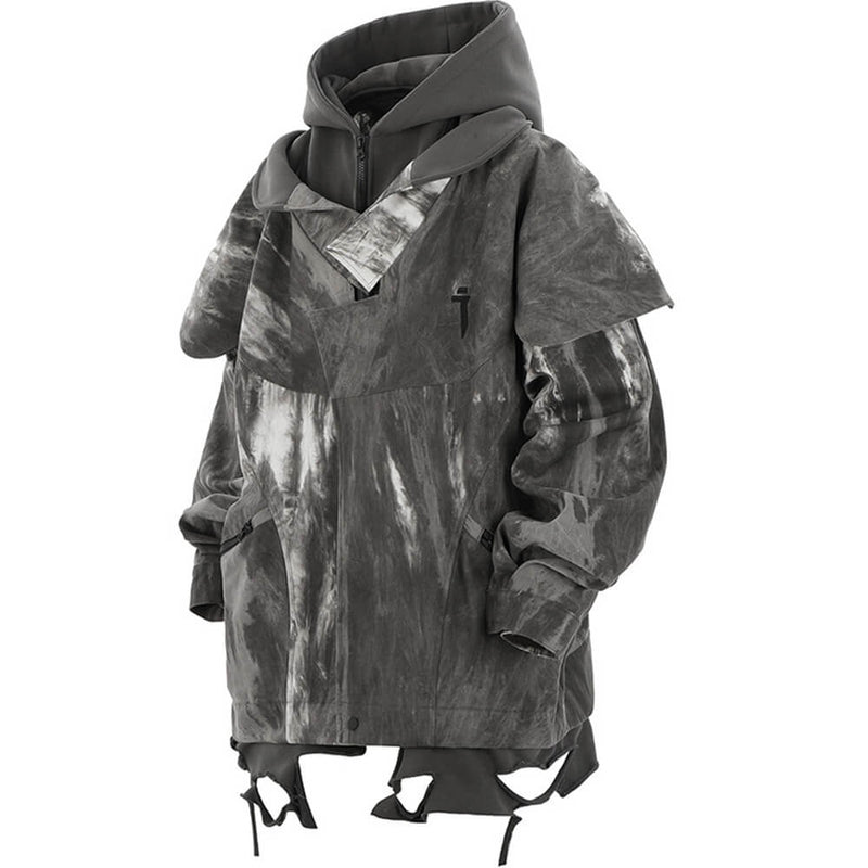 Wasteland Style Frayed Hem Fake Two-Piece Hooded Jacket