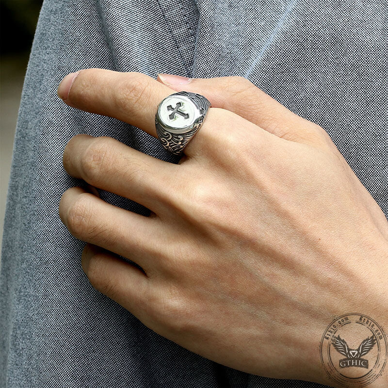 Wave Pattern Budded Cross Stainless Steel Ring