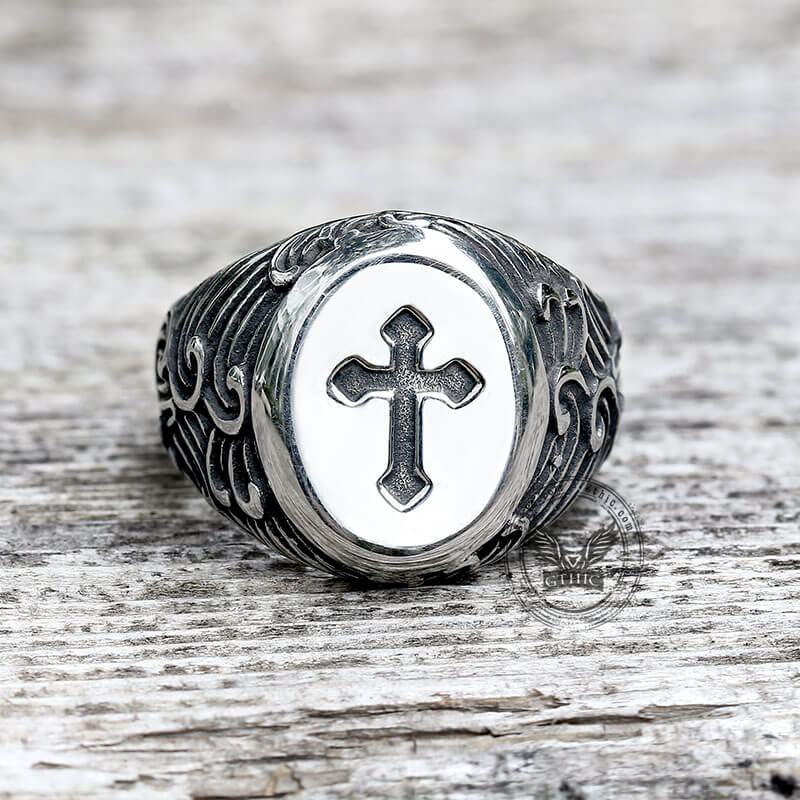 Wave Pattern Budded Cross Stainless Steel Ring | Gthic.com