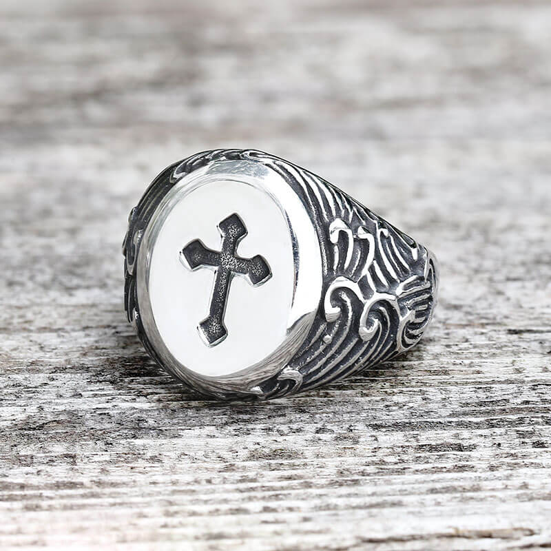 Wave Pattern Budded Cross Stainless Steel Ring – GTHIC