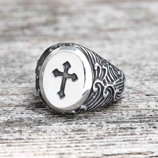 Wave Pattern Budded Cross Stainless Steel Ring | Gthic.com