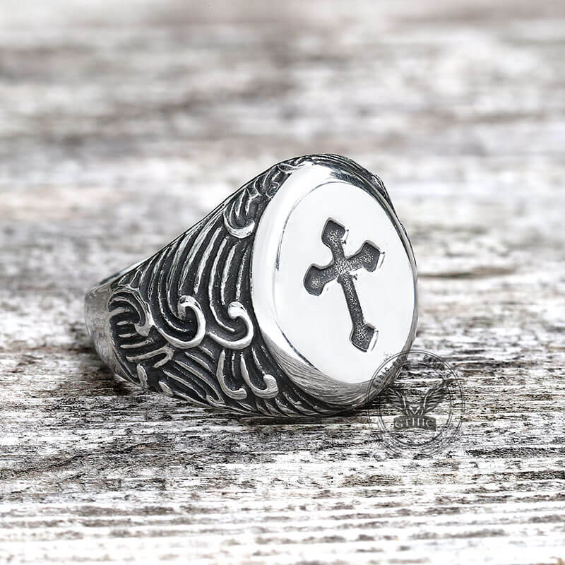 Wave Pattern Budded Cross Stainless Steel Ring | Gthic.com