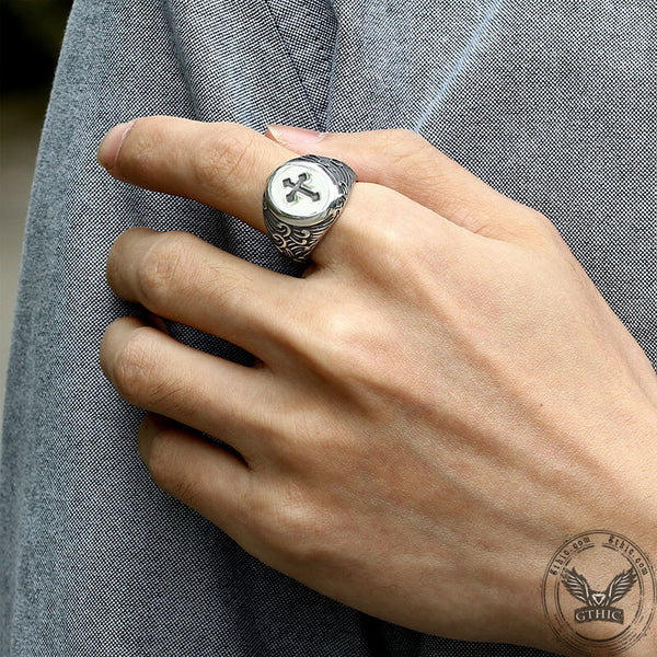 Wave Pattern Budded Cross Stainless Steel Ring