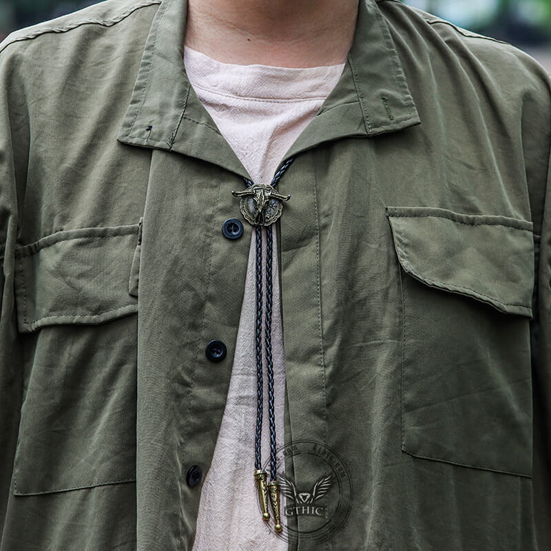 West Bull Skull Alloy Braided Bolo Tie
