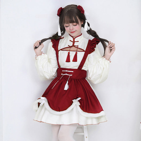 White And Red Cheongsam Maid Lolita Dress | Gthic.com
