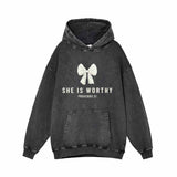 White Bow She Is Worthy Vintage Washed Hoodie | Gthic.com