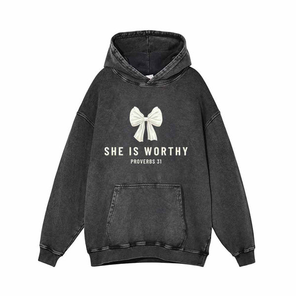 White Bow She Is Worthy Vintage Washed Hoodie | Gthic.com