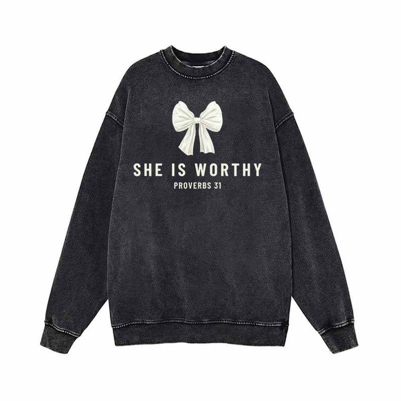 White Bow She Is Worthy Vintage Washed Sweatshirt | Gthic.com