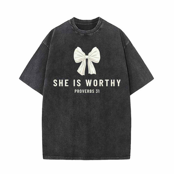 White Bow She Is Worthy Vintage Washed T-shirt