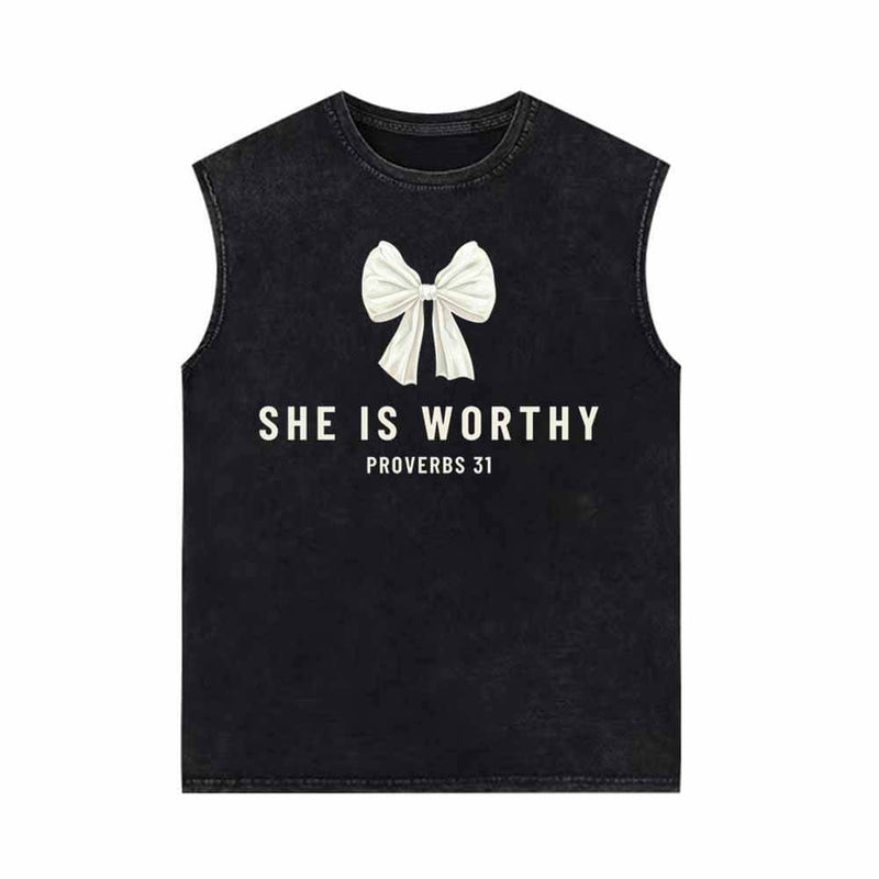 White Bow She Is Worthy Vintage Washed Vest Top | Gthic.com