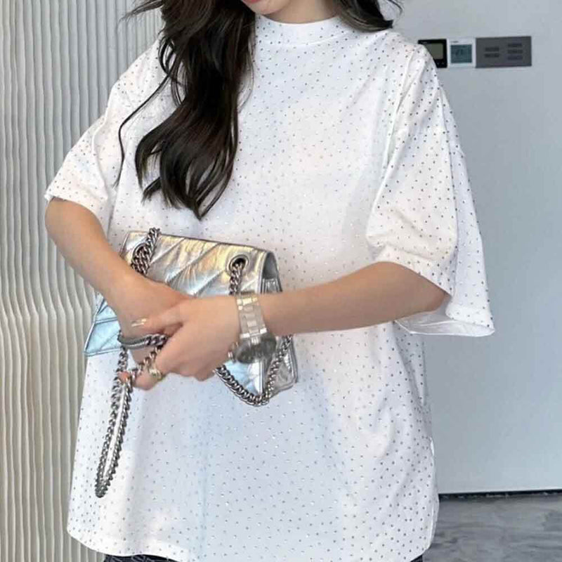 White Rhinestone Washed Distressed Loose T-Shirt 01 | Gthic.com