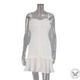 White Ruffled Hem Lace-Up Bodycon Dress | Gthic.com