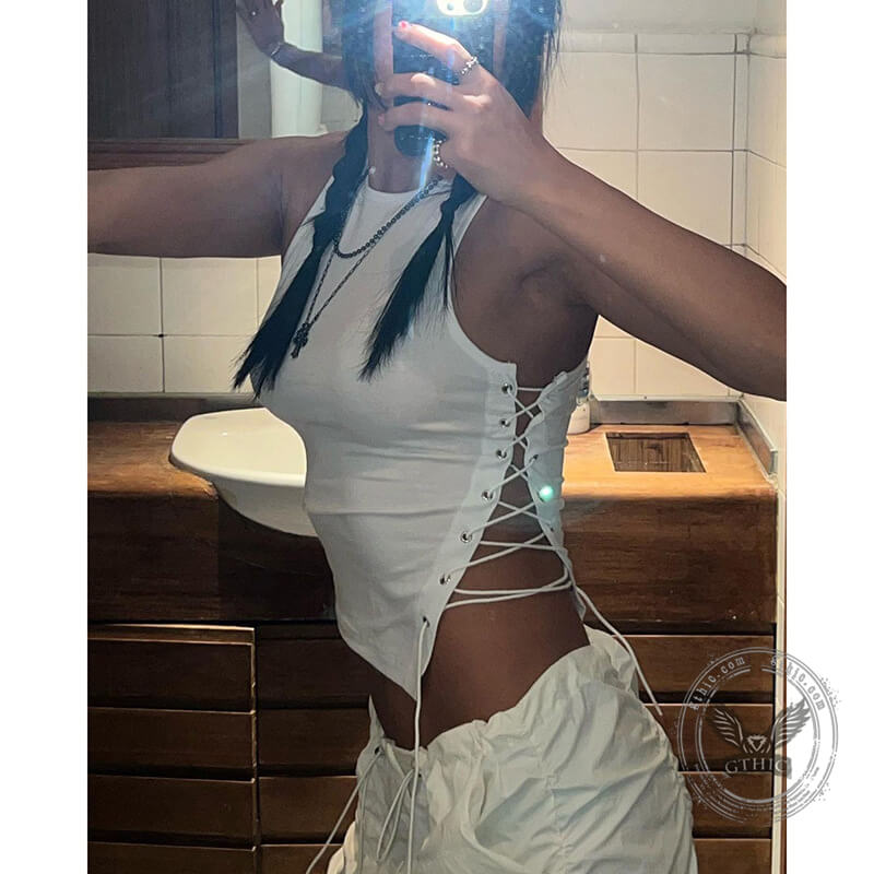 White Slim Side Tie Polyester Crop Top | Gthic.com