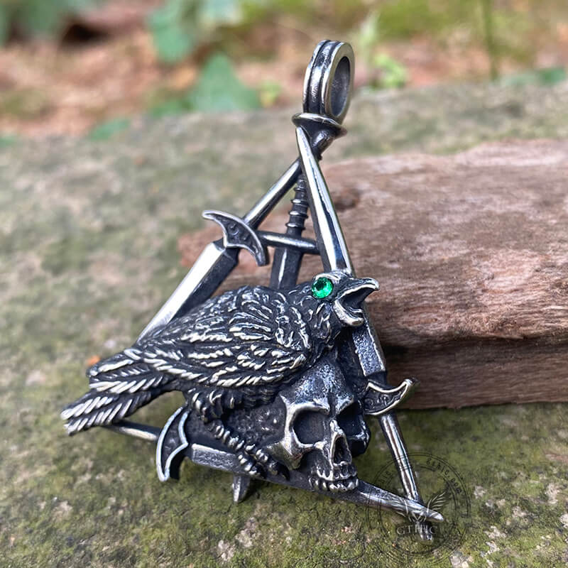 Wicca Sword Crow Stainless Steel Skull Pendant 02 | Gthic.com
