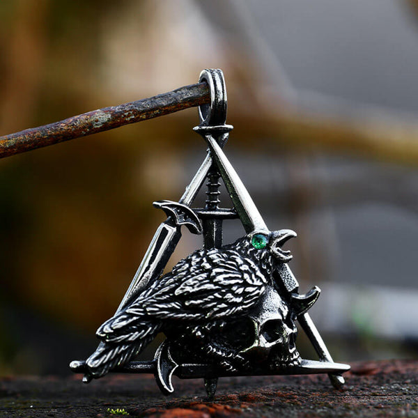Wicca Sword Crow Stainless Steel Skull Pendant 08 | Gthic.com
