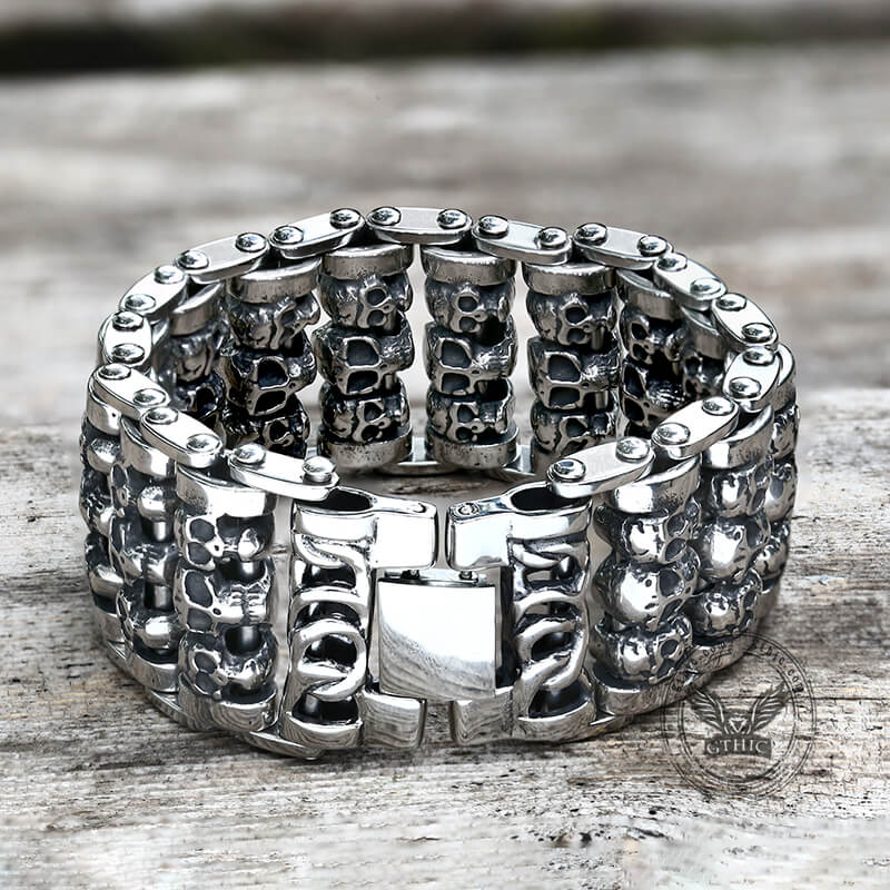 Wide Skull Stainless Steel Biker Bracelet | Gthic.com