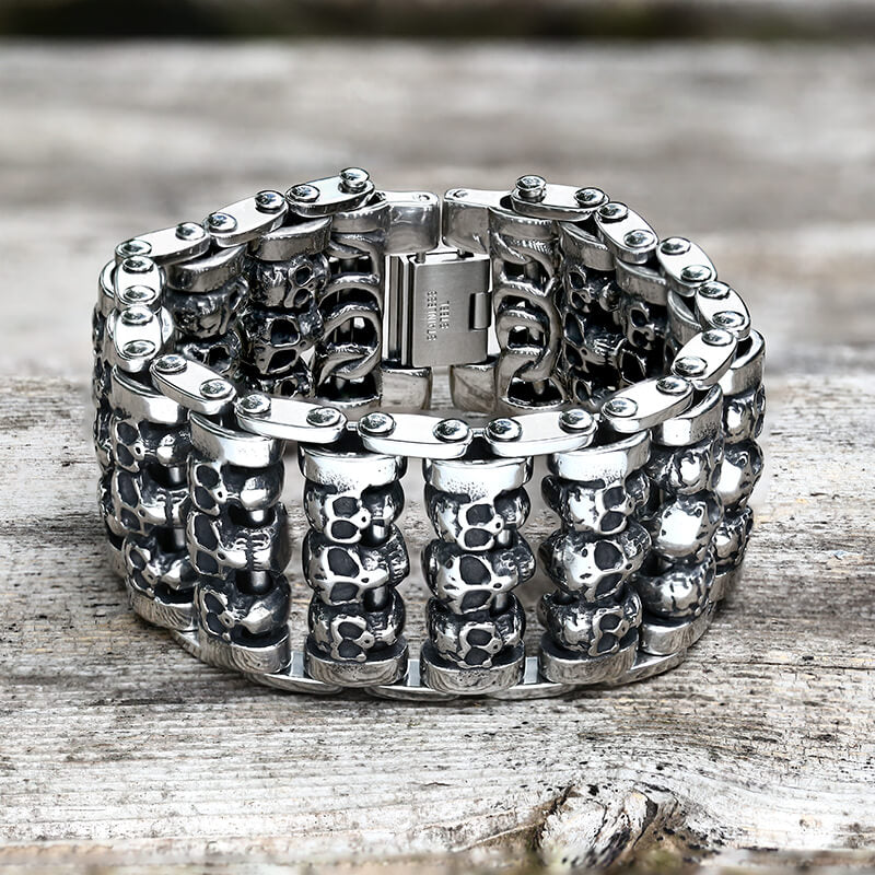 Wide Skull Stainless Steel Biker Bracelet | Gthic.com