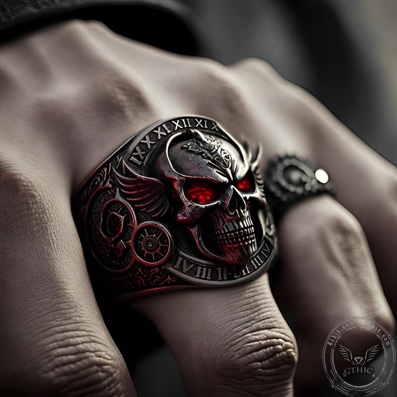 Winged Skull Sterling Silver Ruby Biker Ring – GTHIC