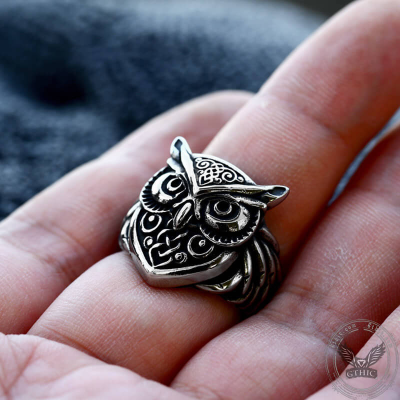 Wisdom Owl Stainless Steel Viking Ring | Gthic.com