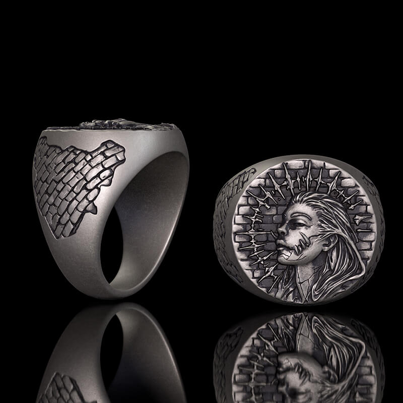 Witch Demon City Wall Pattern Sterling Silver Ring | Gthic.com