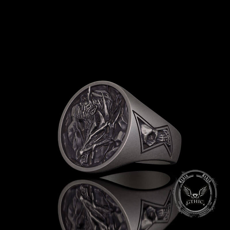 Witch Demon Lightning Skull Sterling Silver Ring 03 | Gthic.com