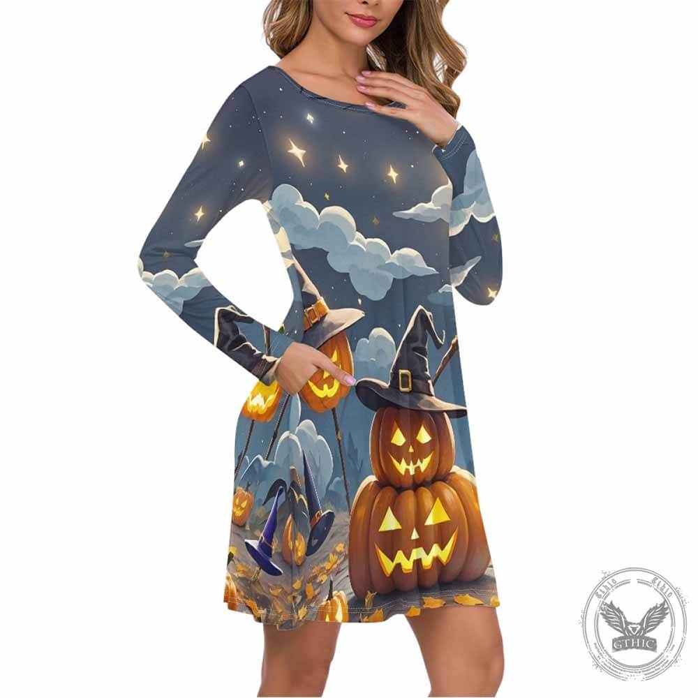 Witch Pumpkin Halloween Print Casual Dress | Gthic.com