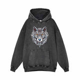 Wolf Head Print Vintage Washed Hoodie 01 | Gthic.com