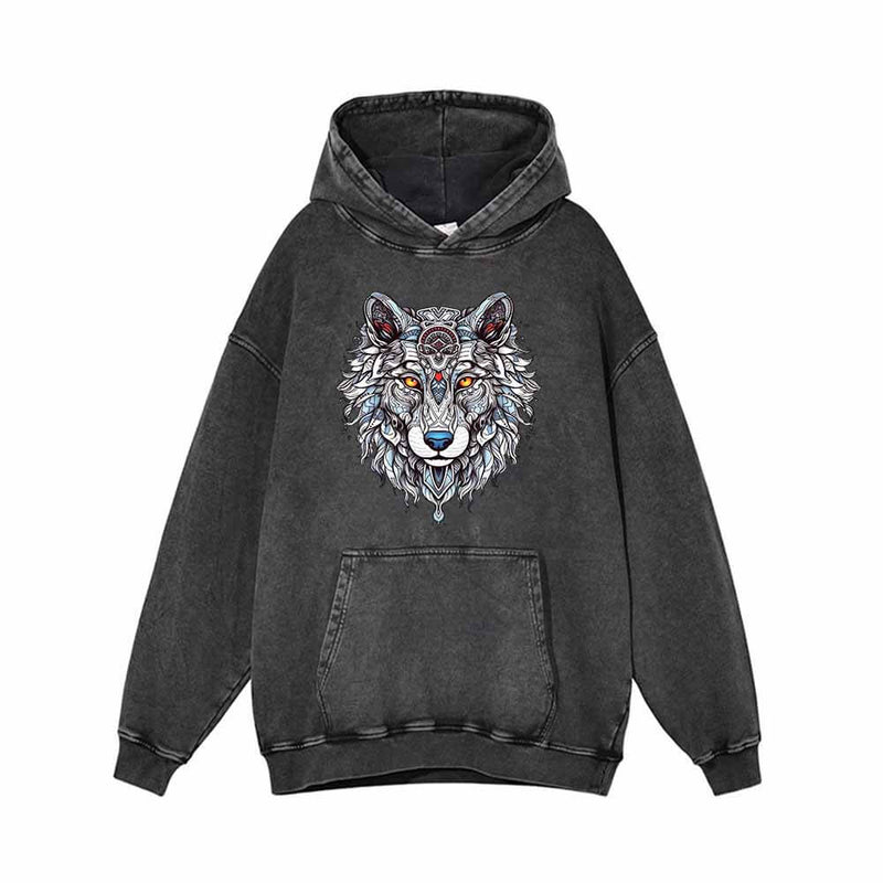 Wolf Head Print Vintage Washed Hoodie 01 | Gthic.com