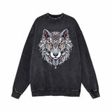 Wolf Head Print Vintage Washed Sweatshirt 01 | Gthic.com