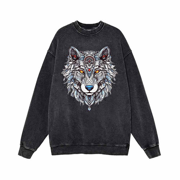 Wolf Head Print Vintage Washed Sweatshirt 01 | Gthic.com