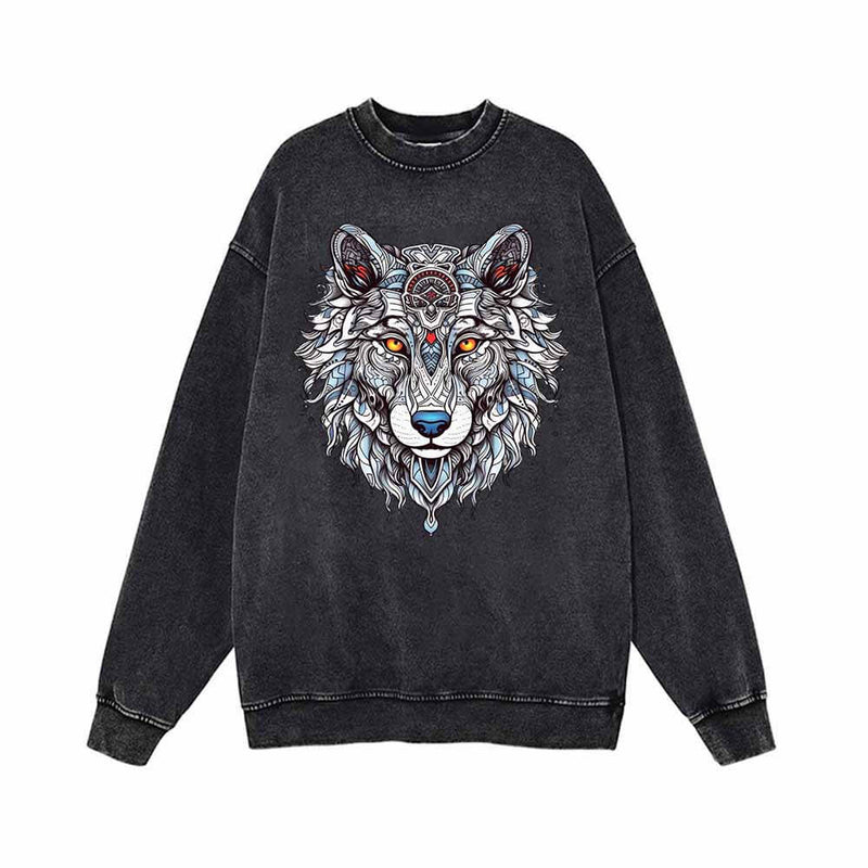 Wolf Head Print Vintage Washed Sweatshirt 01 | Gthic.com