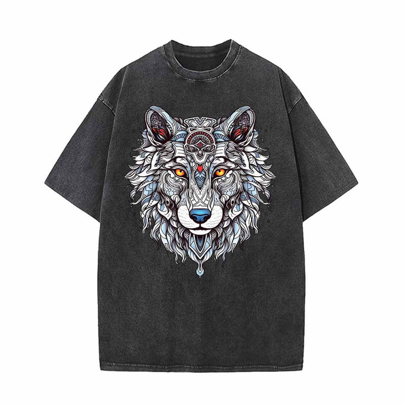 Wolf Head Print Vintage Washed T-shirt 01 | Gthic.com