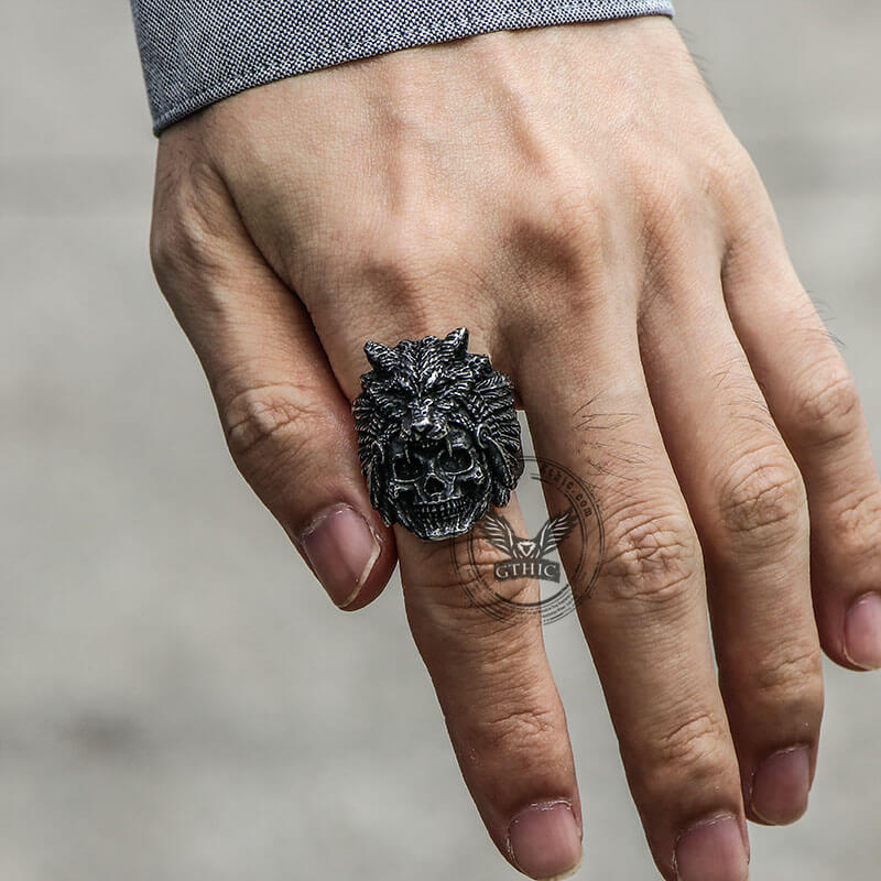 Anillo de calavera de acero inoxidable con cabeza de lobo