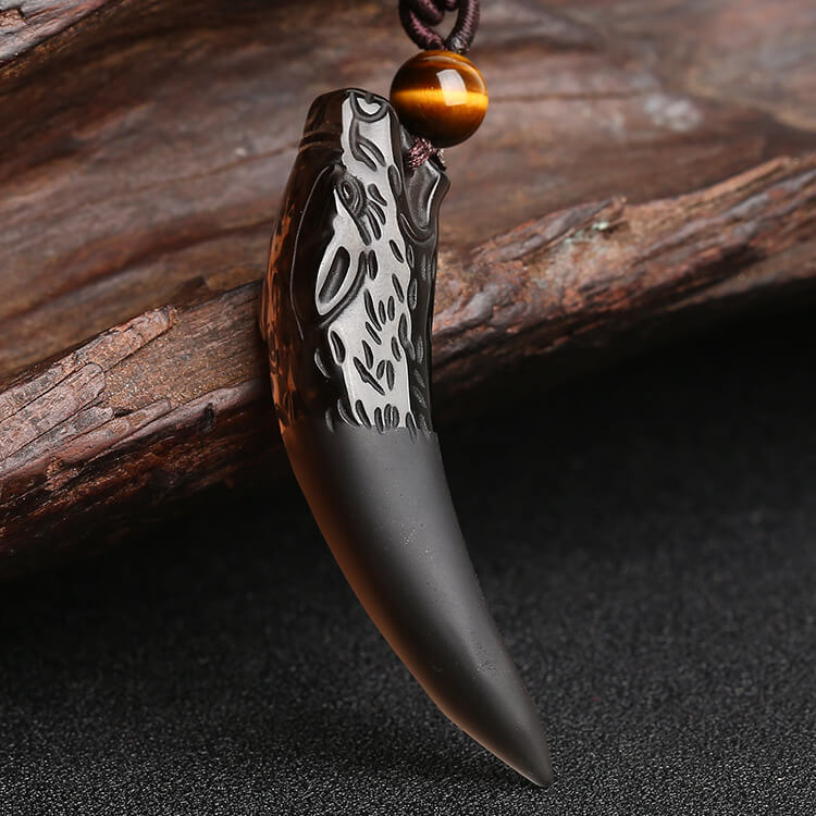 Wolf Tooth Obsidian Amulet Pendant Necklace