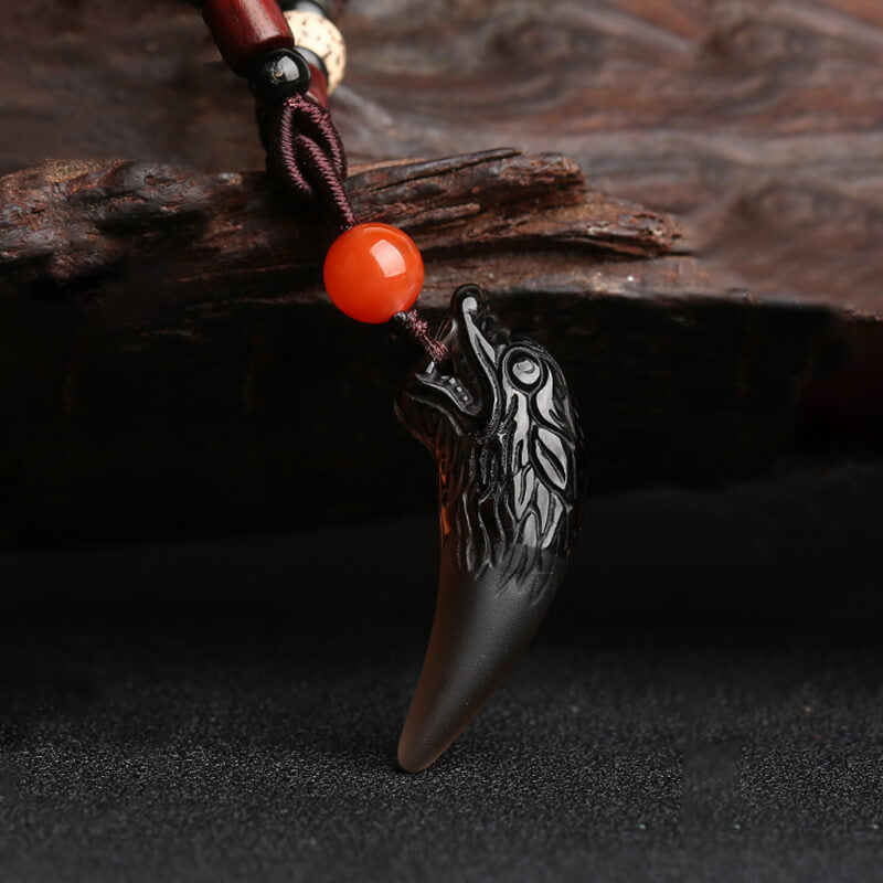 Wolf Tooth Obsidian Amulet Pendant Necklace