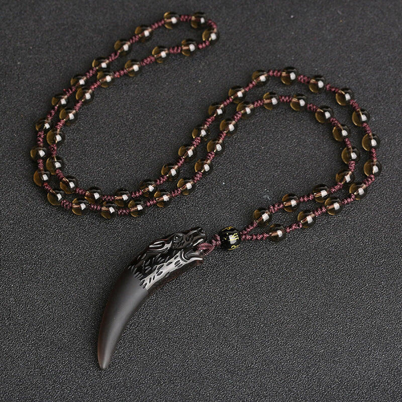 Wolf Tooth Obsidian Amulet Pendant Necklace