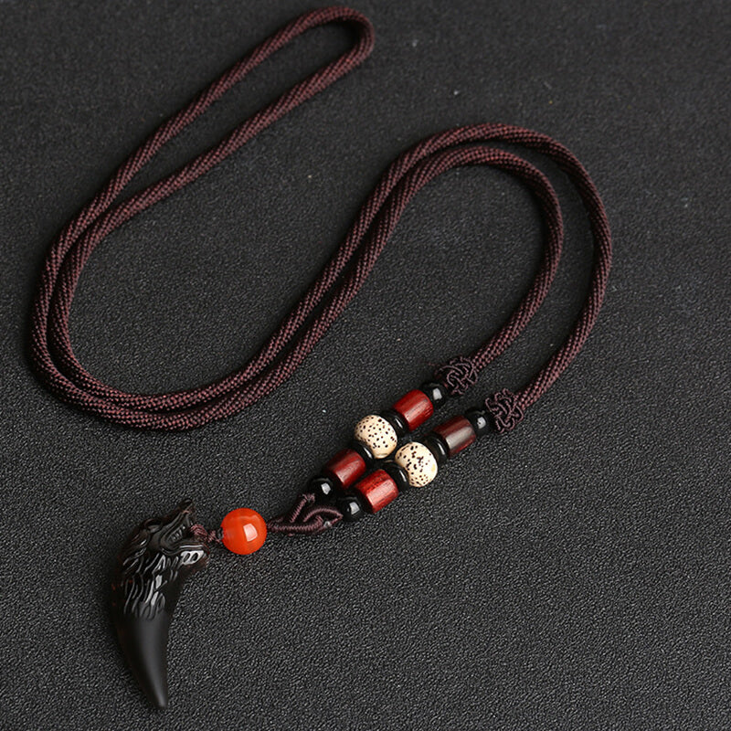 Wolf Tooth Obsidian Amulet Pendant Necklace