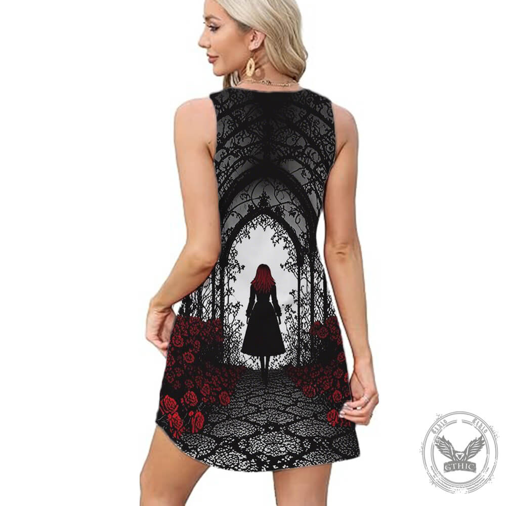 Woman Among Roses Print V-Neck Vest Dress 02 | Gthic.com